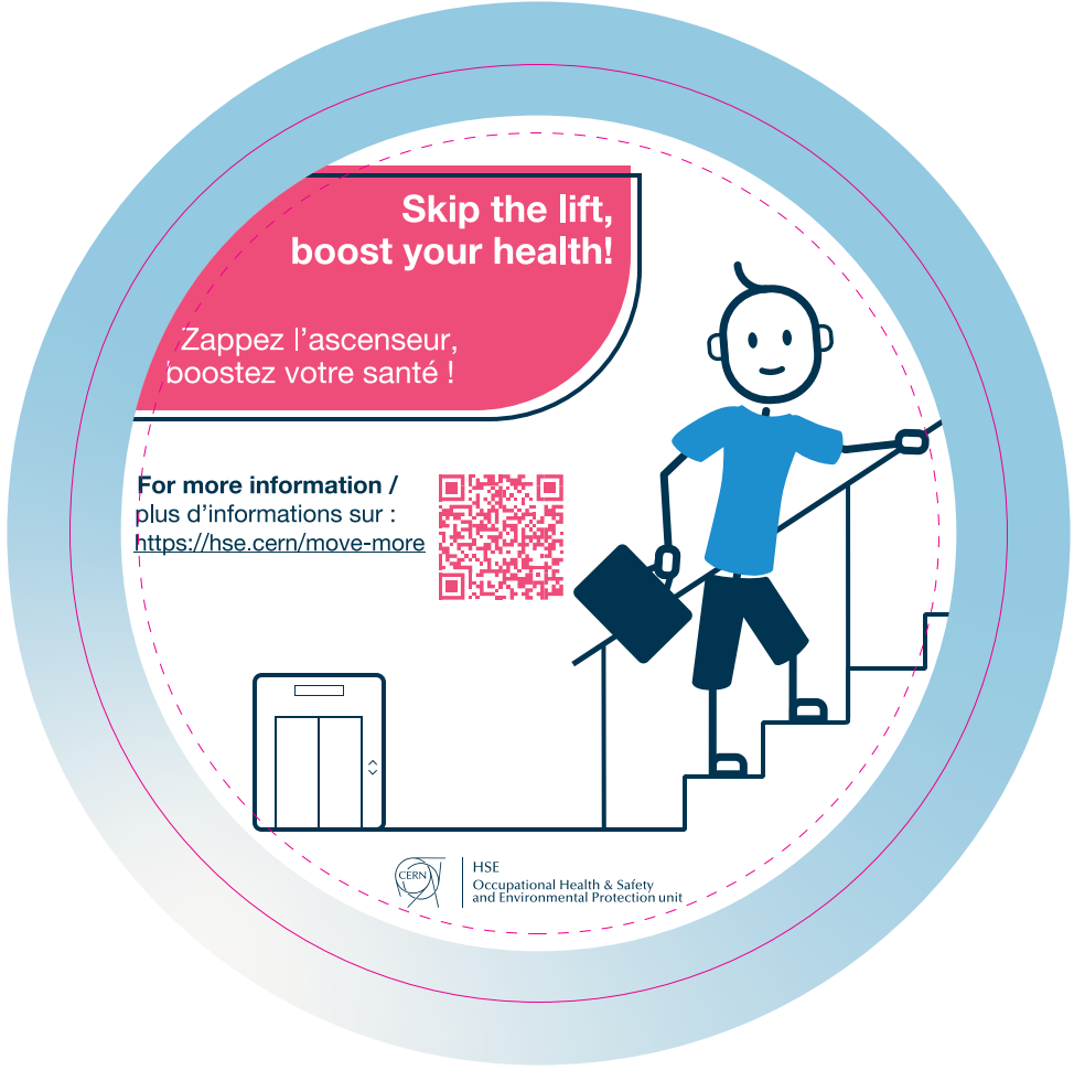 A sticker shown on CERN lifts, reminding you to take the stairs if you can