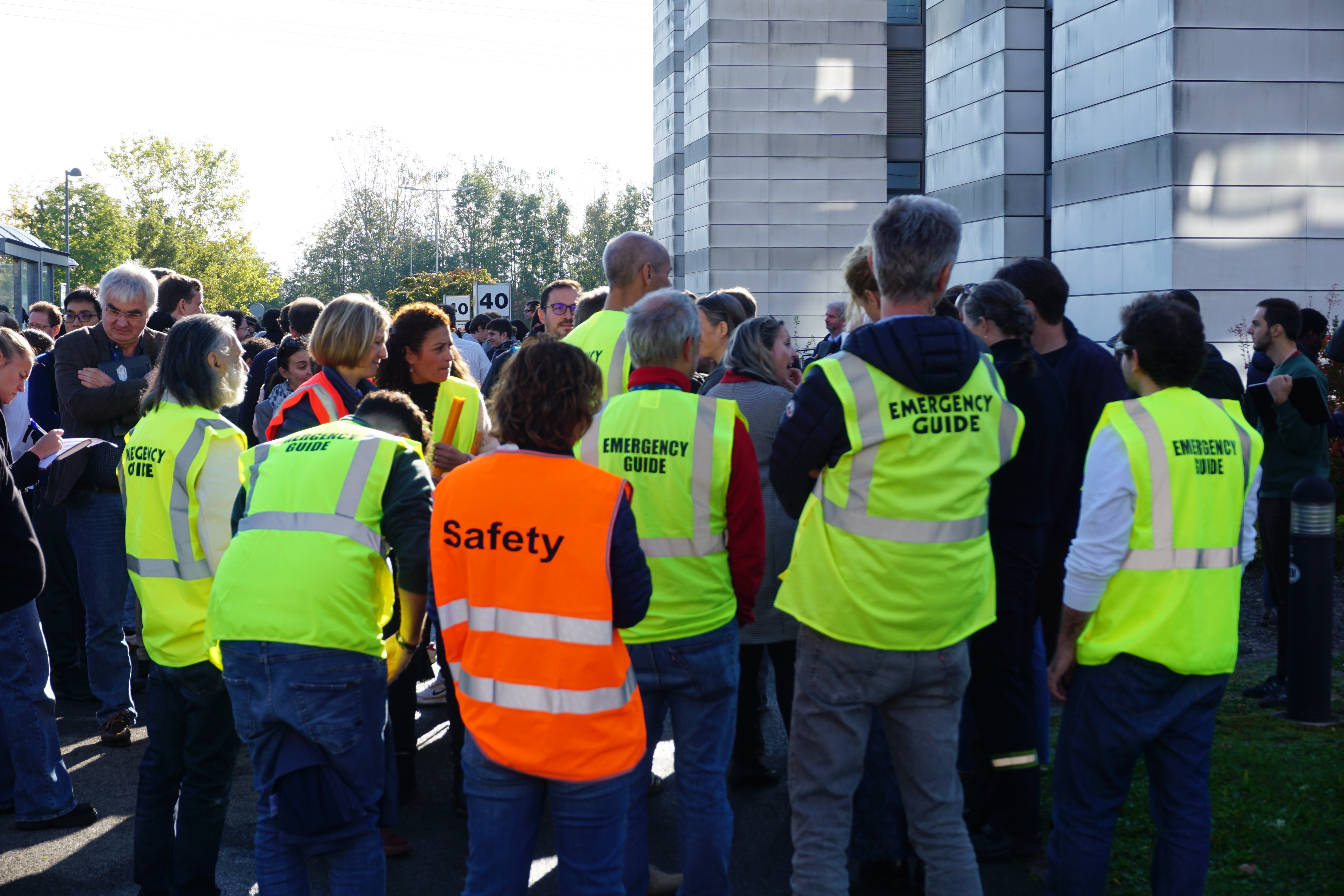 The building safety officers in their huddle after the excersise.