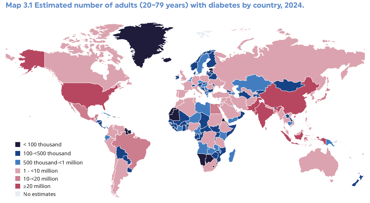 Map of diabetes incidence worldwide.