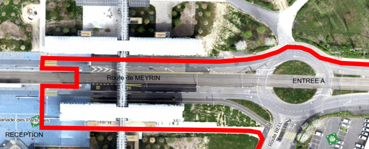 A map showing the alternative route. Do not take the roundabout. Continue to the tram stop at Science Gateway and cross the roads there.