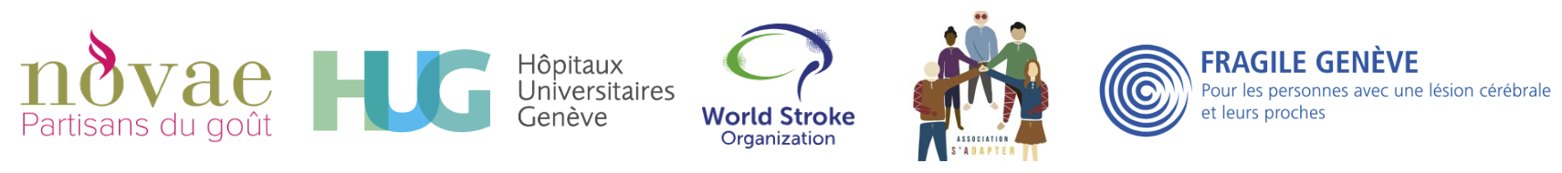 Our partners: Novae Restaurants, Hopitaux universites geneve (HUG), World stroke organisation, Association S'adapter, and Fragile Geneve