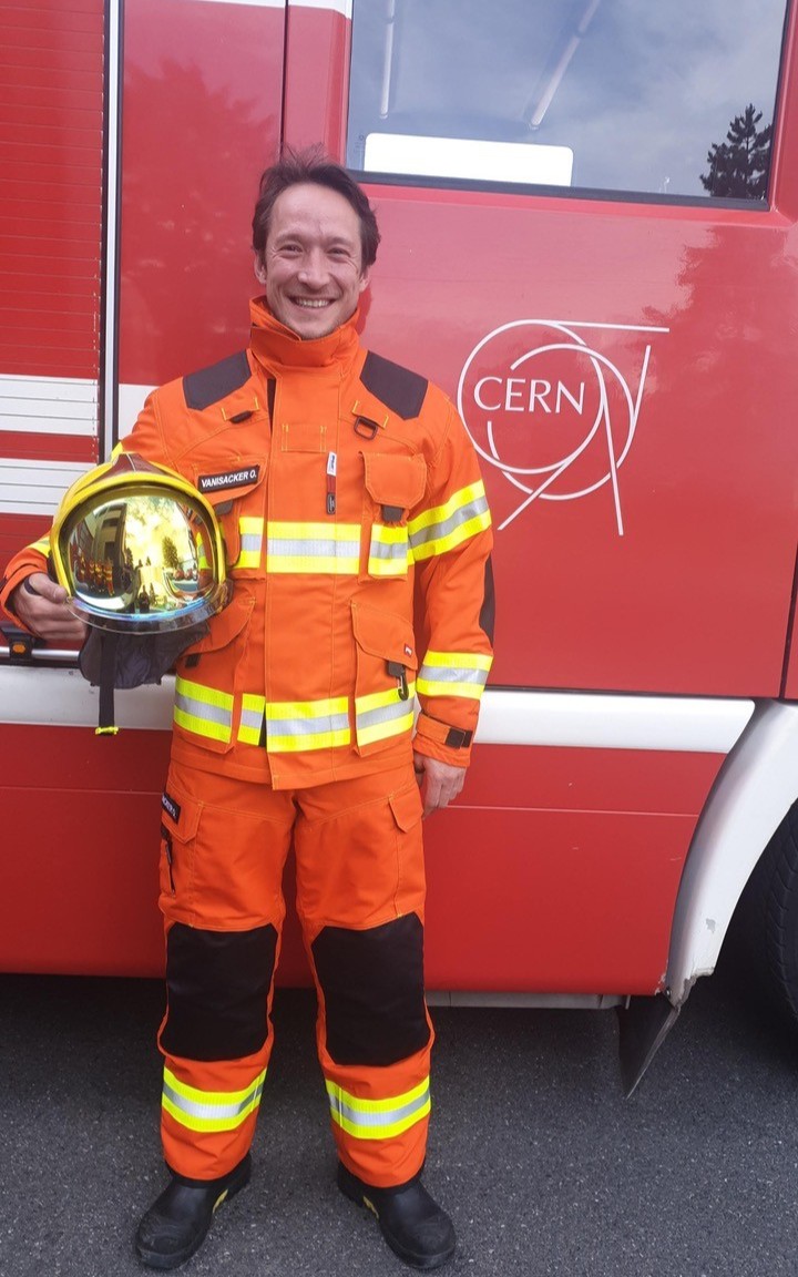 Olivier reports for duty in front of a CERN fire truck on one of his first days with the CFRS.