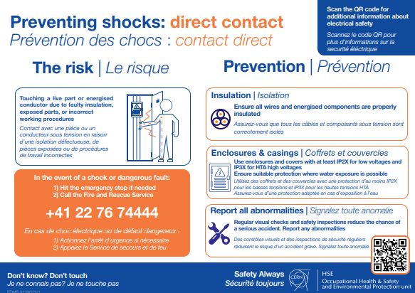 A preview of the electrical safety poster on Shock prevention for direct contact shocks.