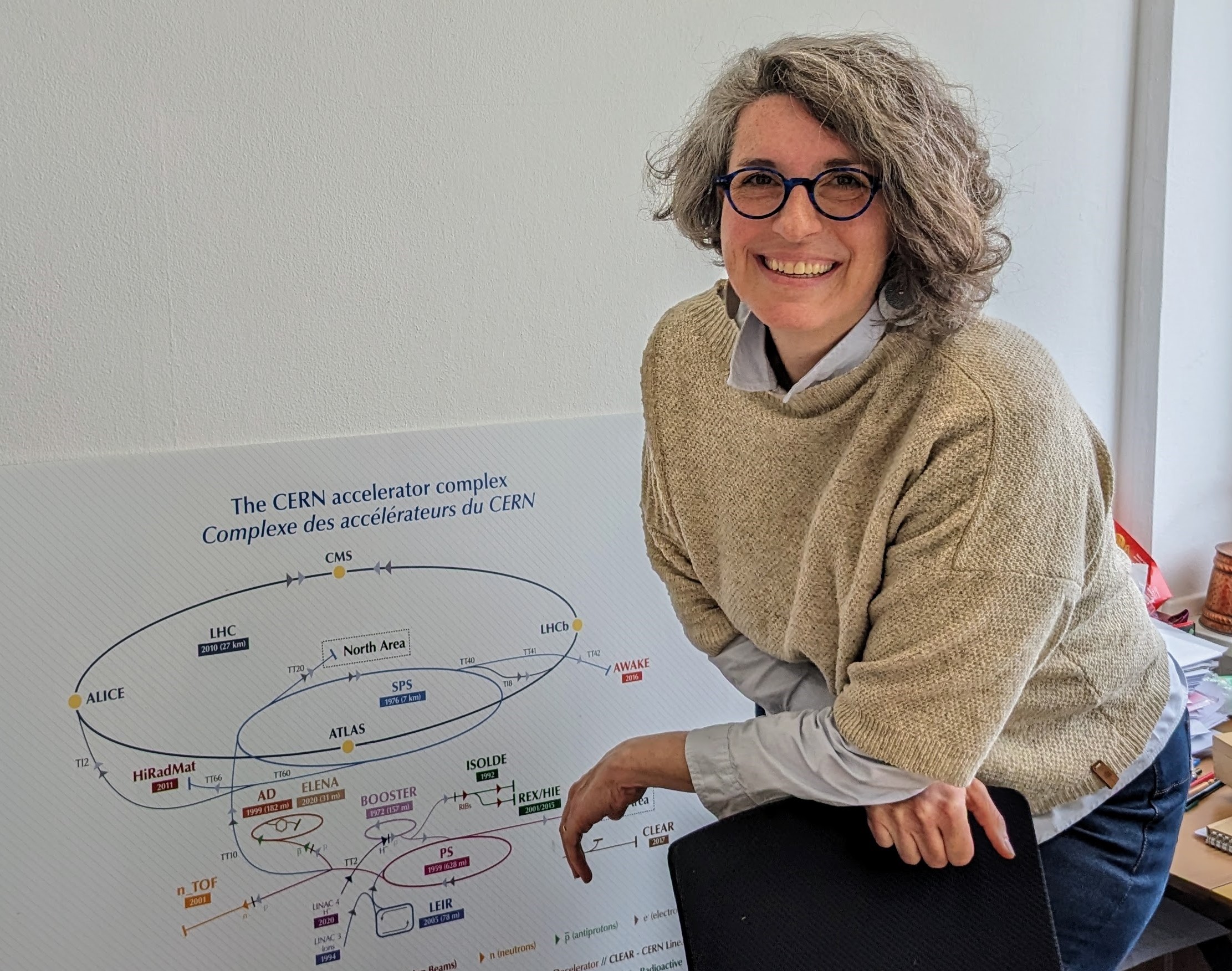 Sophie Valette smiling with the map of the CERN accelerator complex.