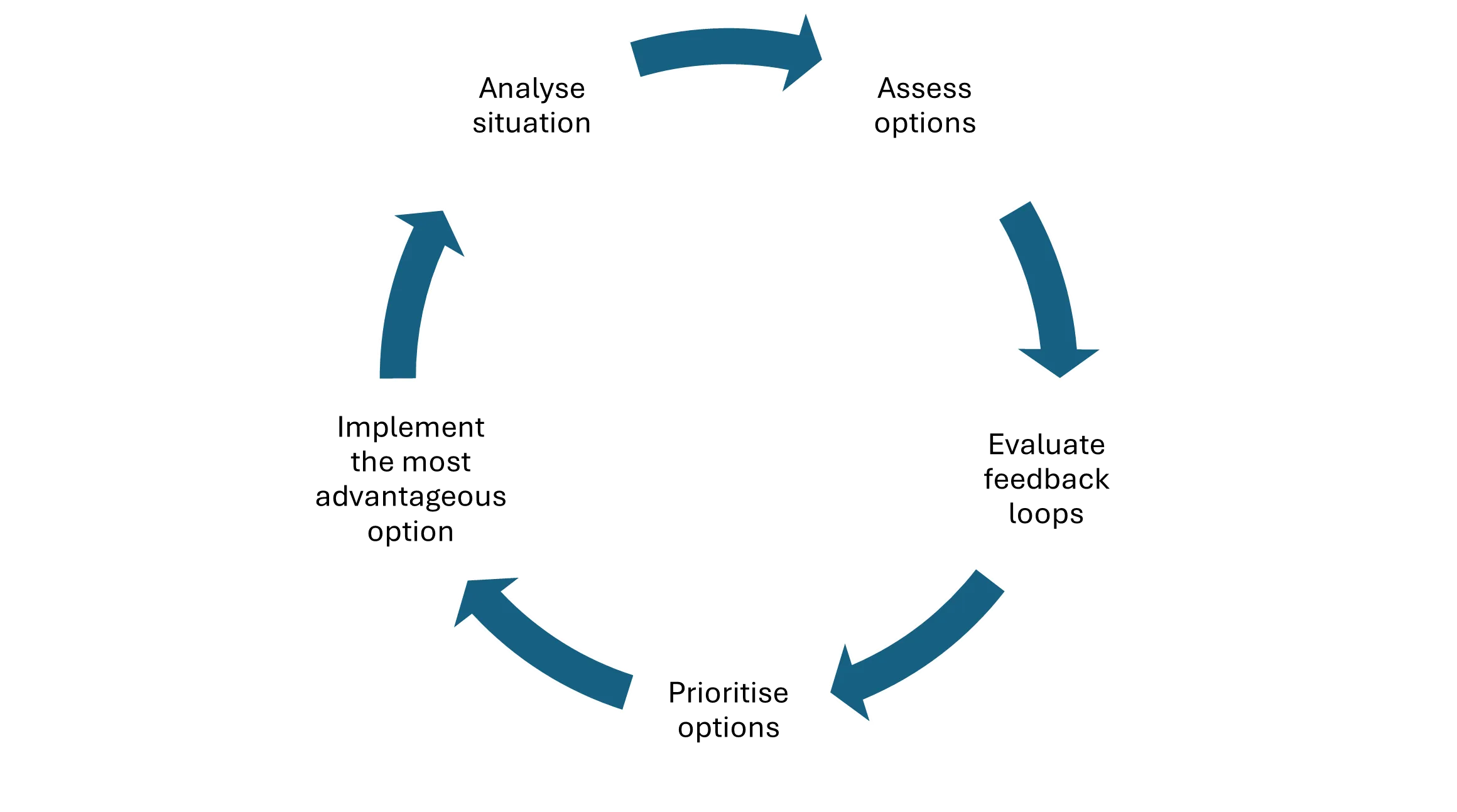 Assess options, Evaluate feedback loops, Prioritise options, Implement the most advantageous option, Analyse situation