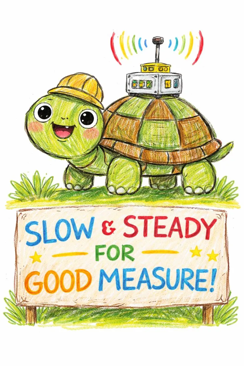 An AI cartoon of a happy turtle carrying the TURTLE detector.